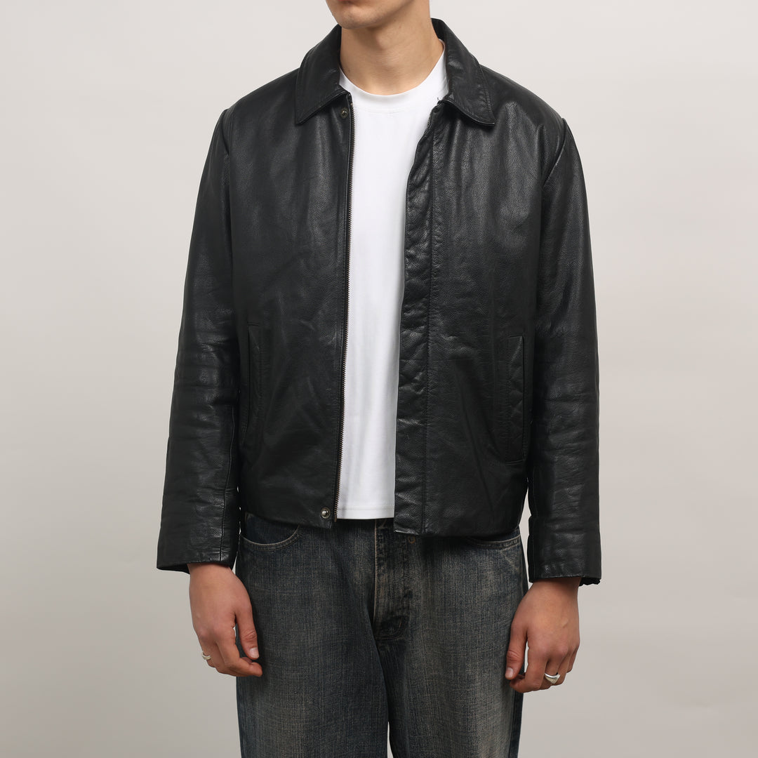 90's Leather Bomber Jacket - Large Black Leather