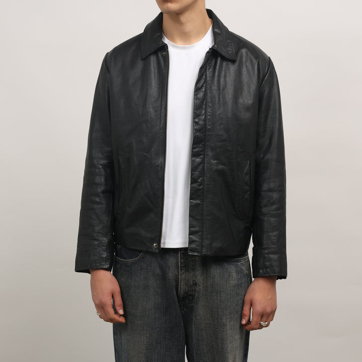 90's Leather Bomber Jacket - Large Black Leather