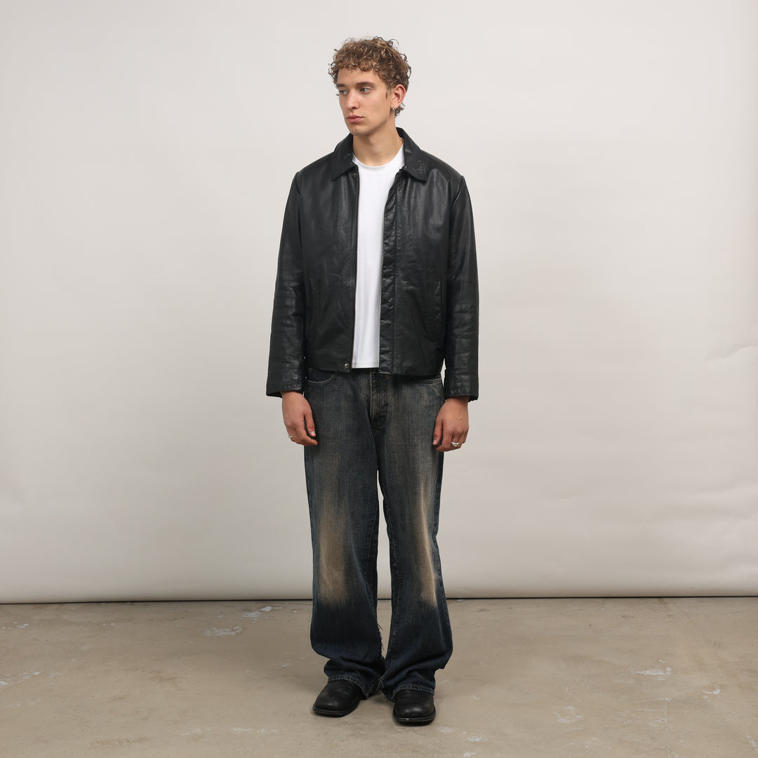 90's Leather Bomber Jacket - Large Black Leather