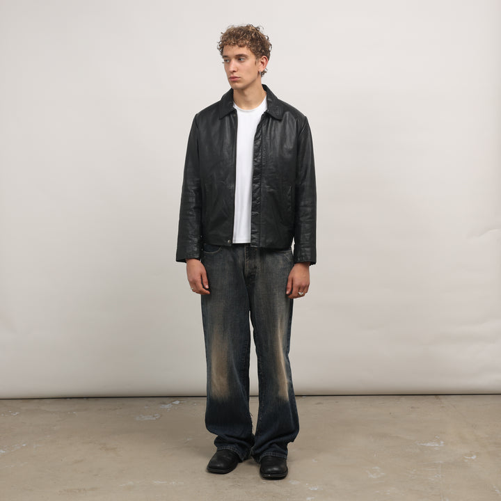90's Leather Bomber Jacket - Large Black Leather