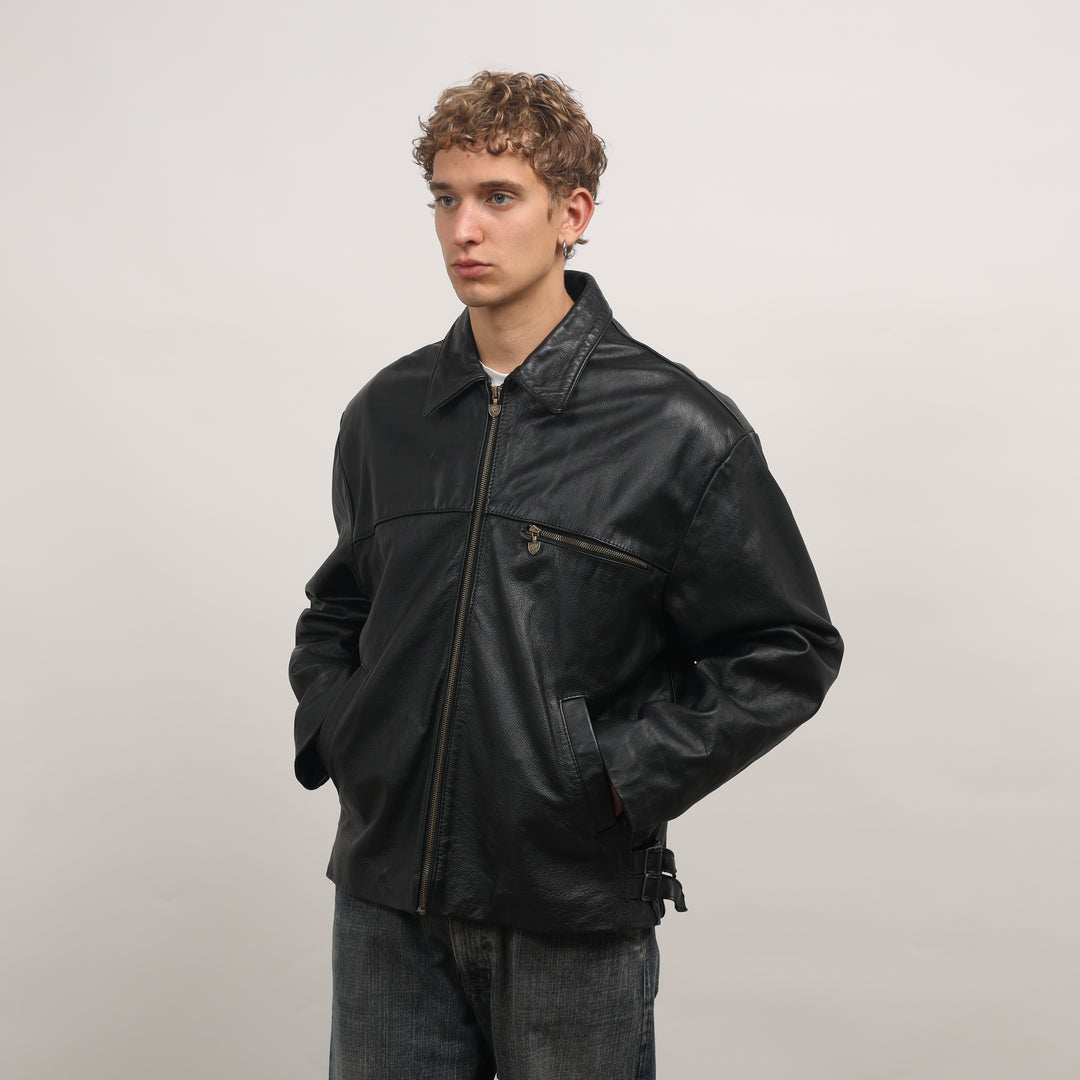 90's Leather Bomber Jacket - Large Black Leather