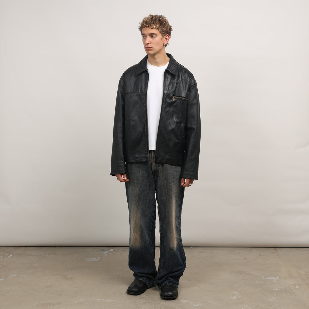 90's Leather Bomber Jacket - Large Black Leather