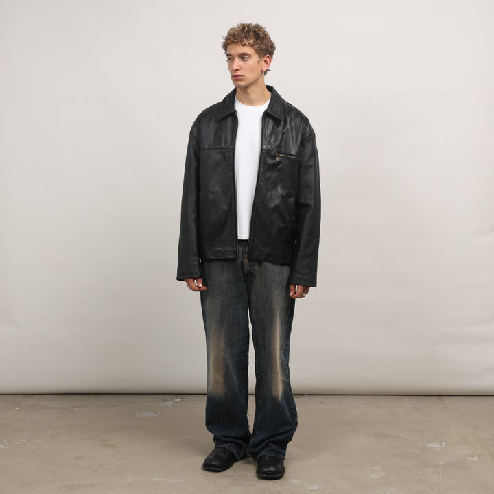 90's Leather Bomber Jacket - Large Black Leather