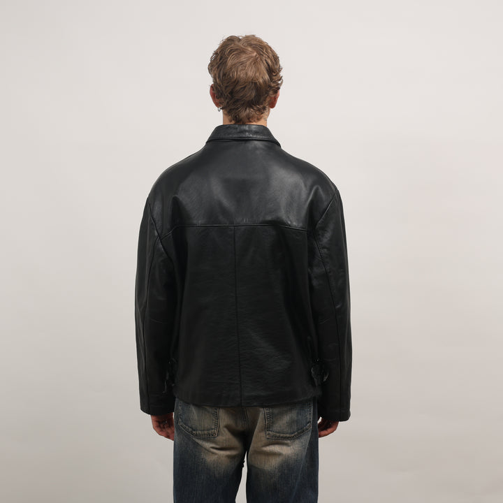90's Leather Bomber Jacket - Large Black Leather