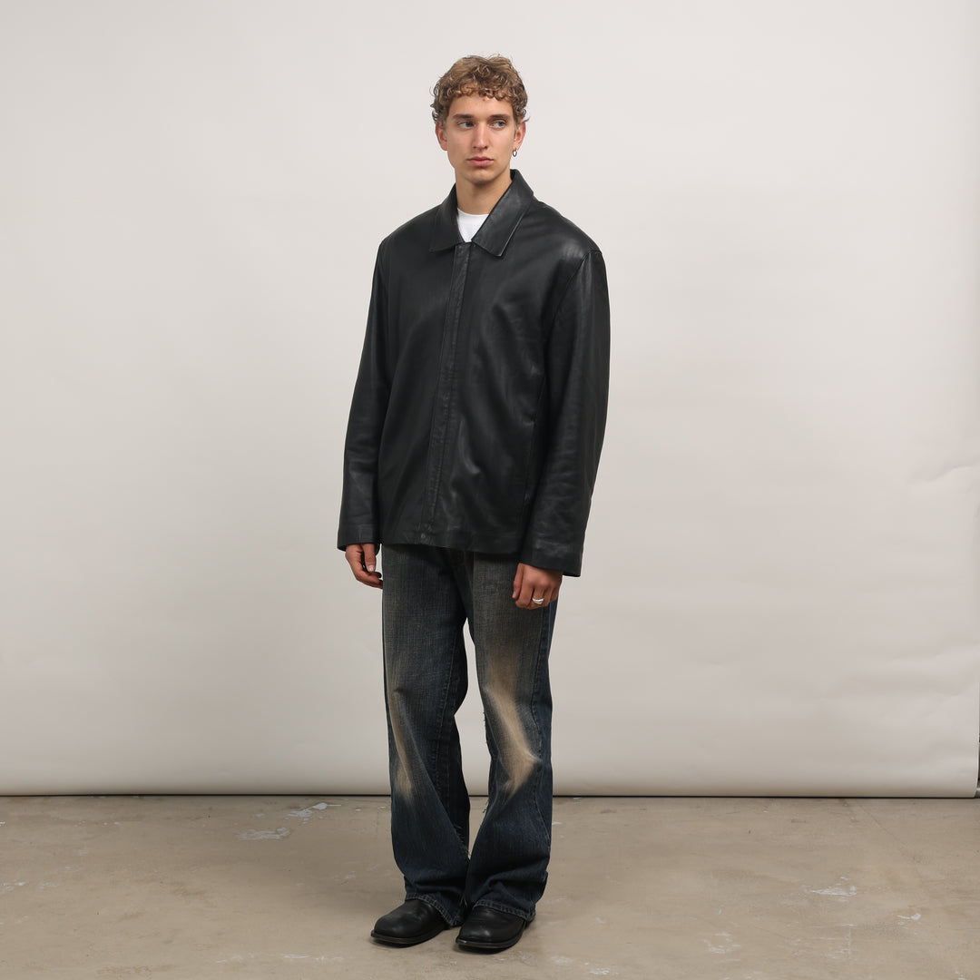90's Leather Bomber Jacket - XL Black Leather