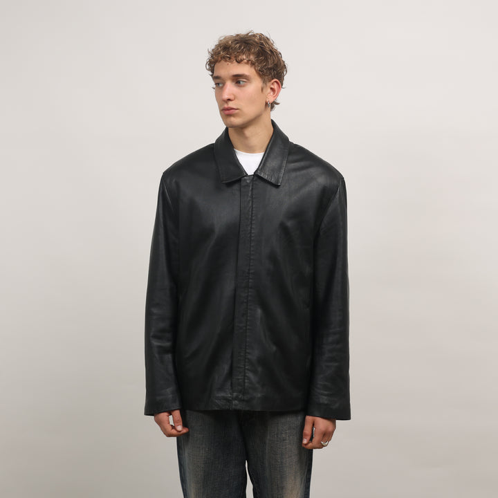 90's Leather Bomber Jacket - XL Black Leather