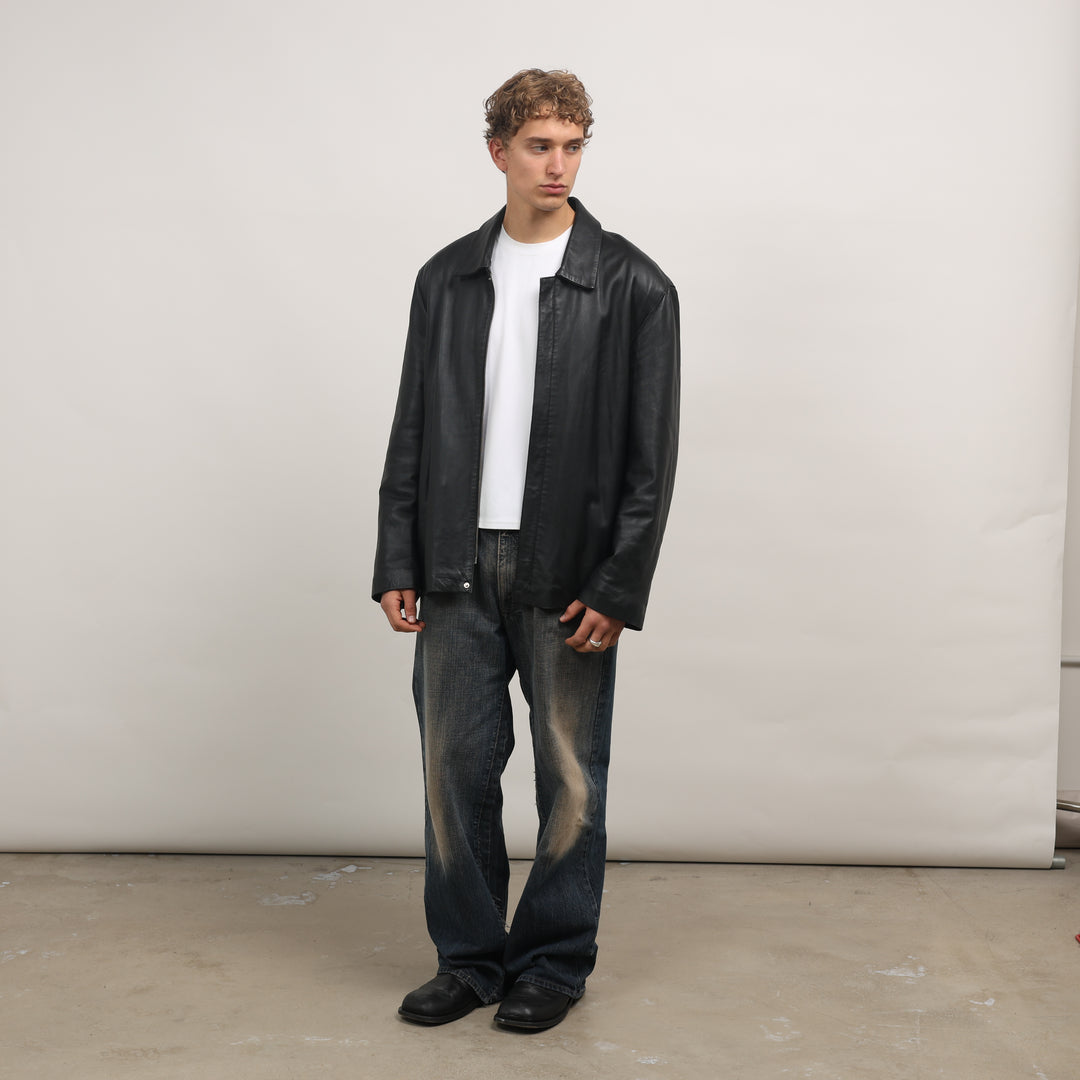 90's Leather Bomber Jacket - XL Black Leather