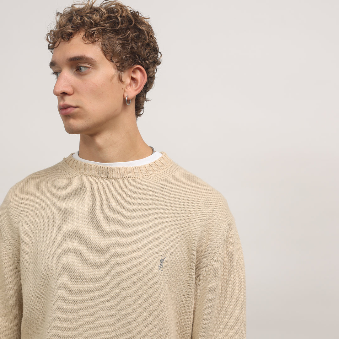 Yves Saint Laurent (YSL) Crewneck Jumper - Medium Beige Cotton