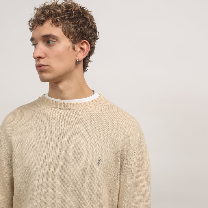Yves Saint Laurent (YSL) Crewneck Jumper - Medium Beige Cotton
