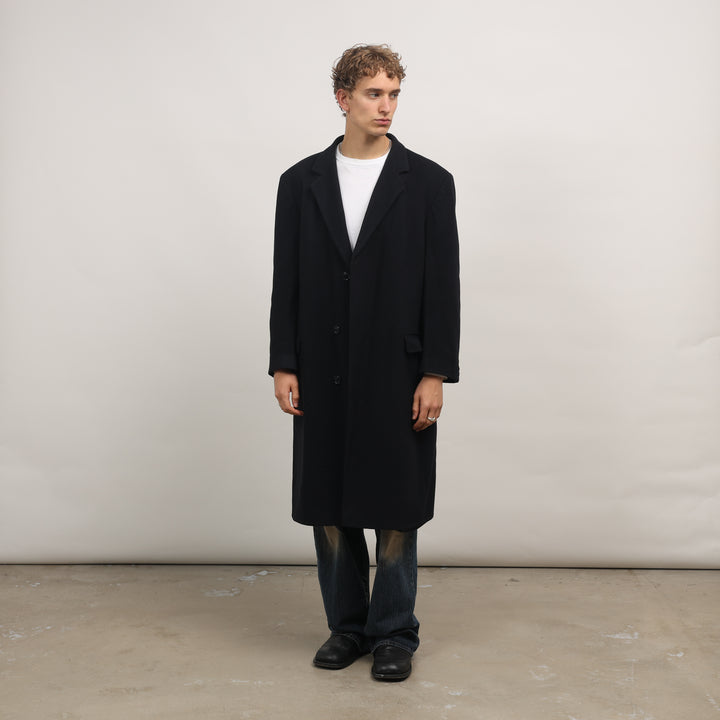 90's Overcoat - XL Navy Blue Wool Blend