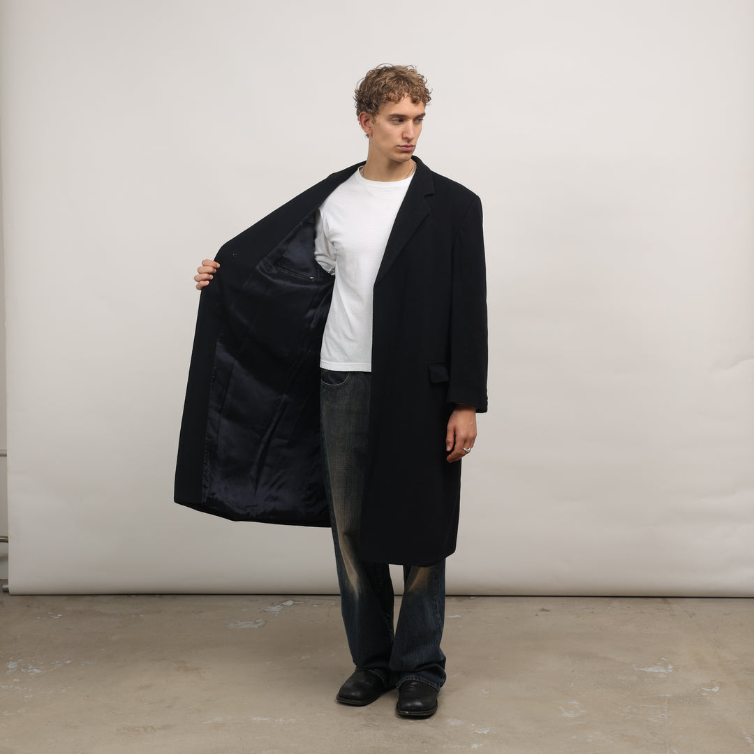 90's Overcoat - XL Navy Blue Wool Blend