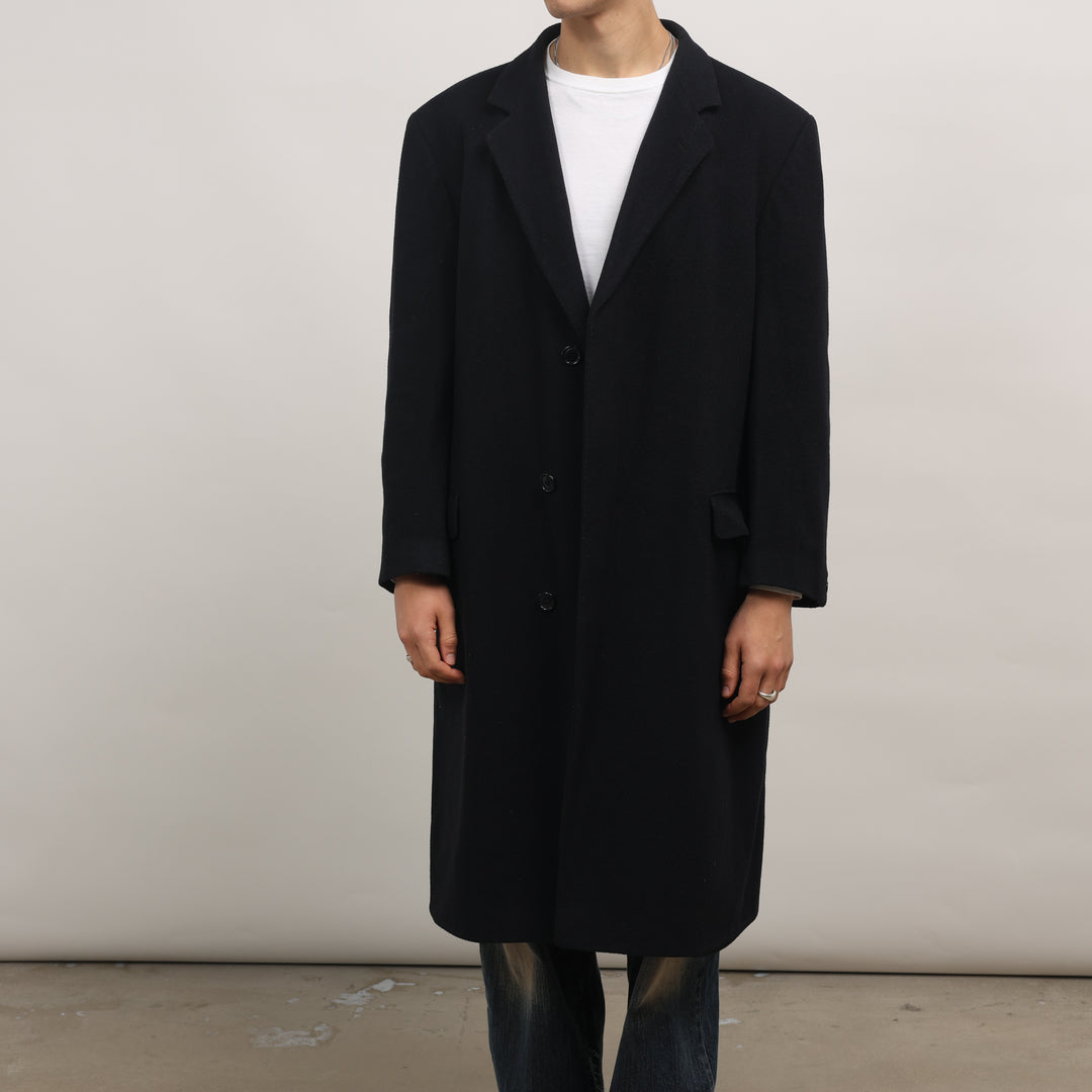 90's Overcoat - XL Navy Blue Wool Blend