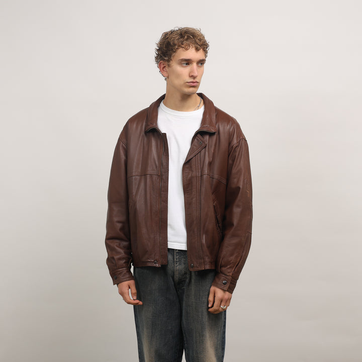90's Leather Bomber Jacket - Large Brown Leather