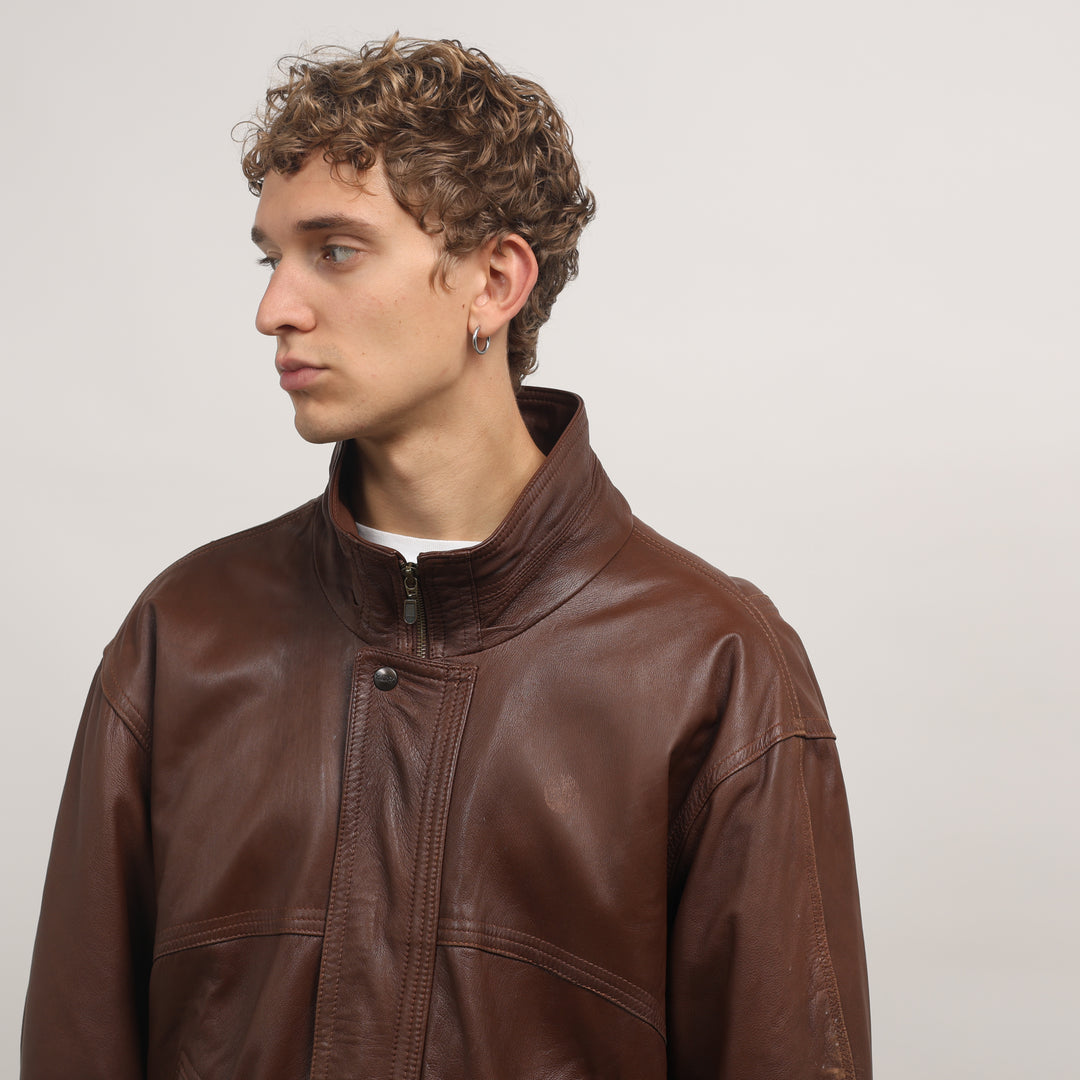 90's Leather Bomber Jacket - Large Brown Leather