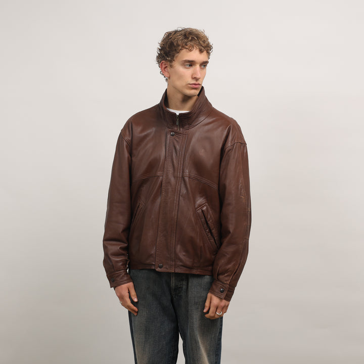 90's Leather Bomber Jacket - Large Brown Leather