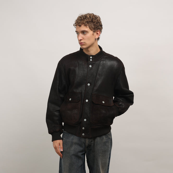 Calvin Klein Leather Bomber Jacket - Large Brown Leather