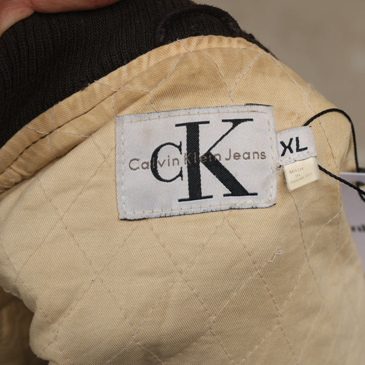 Calvin Klein Leather Bomber Jacket - Large Brown Leather