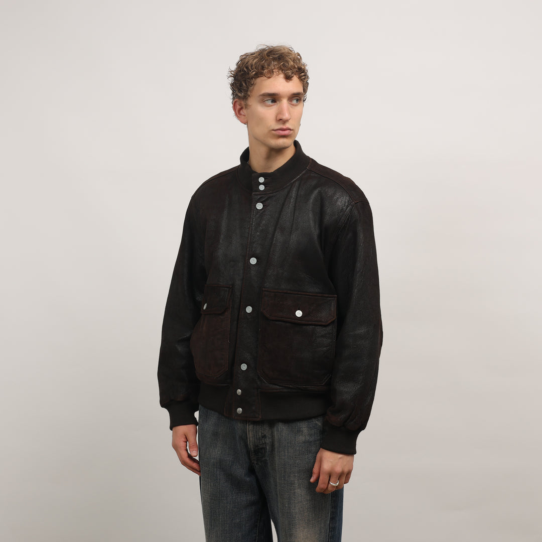 Calvin Klein Leather Bomber Jacket - Large Brown Leather