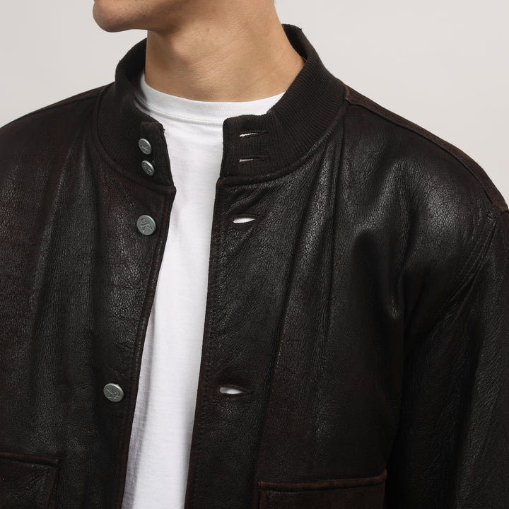 Calvin Klein Leather Bomber Jacket - Large Brown Leather