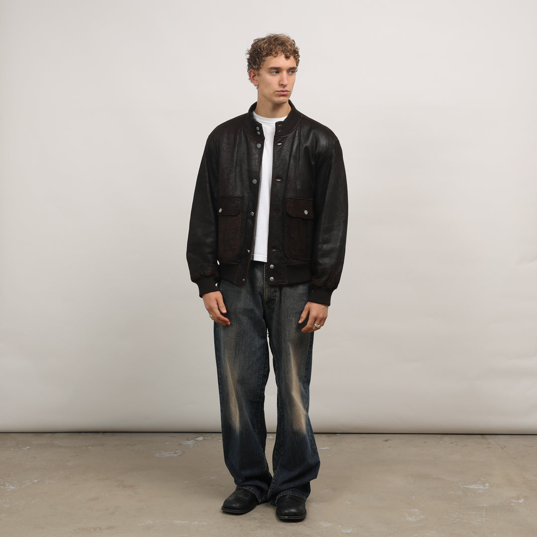 Calvin Klein Leather Bomber Jacket - Large Brown Leather