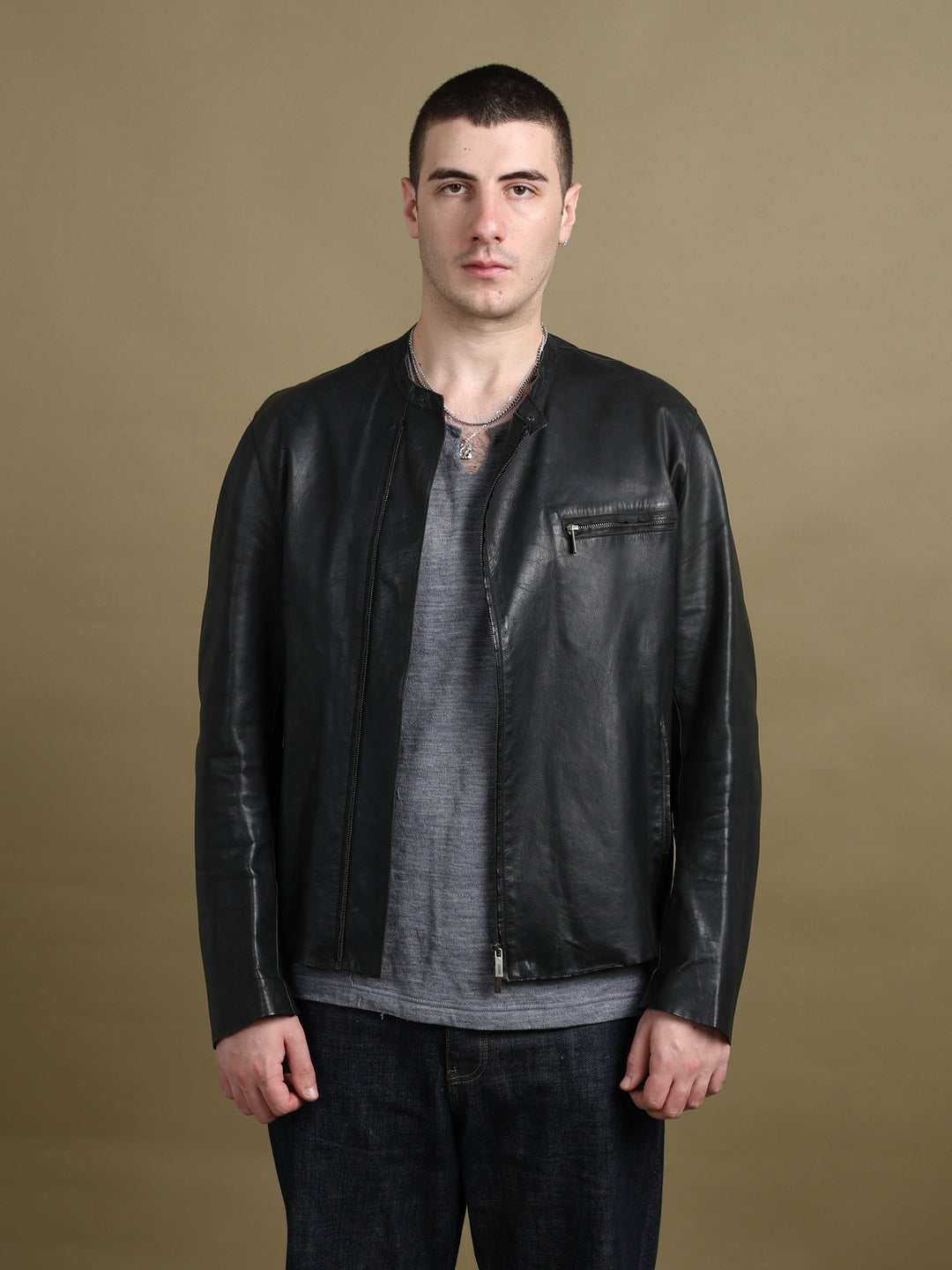Kenzo Asymmetric Zip Leather Jacket Black Men's L - front