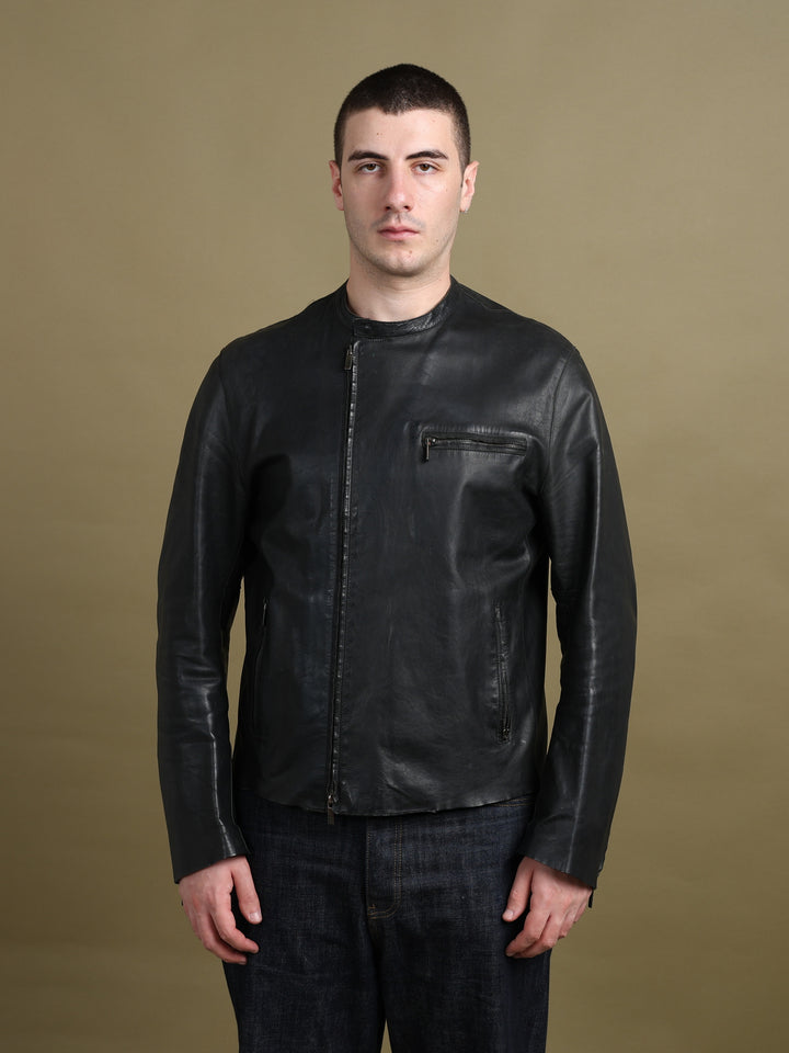 Kenzo Asymmetric Zip Leather Jacket Black Men's L - back