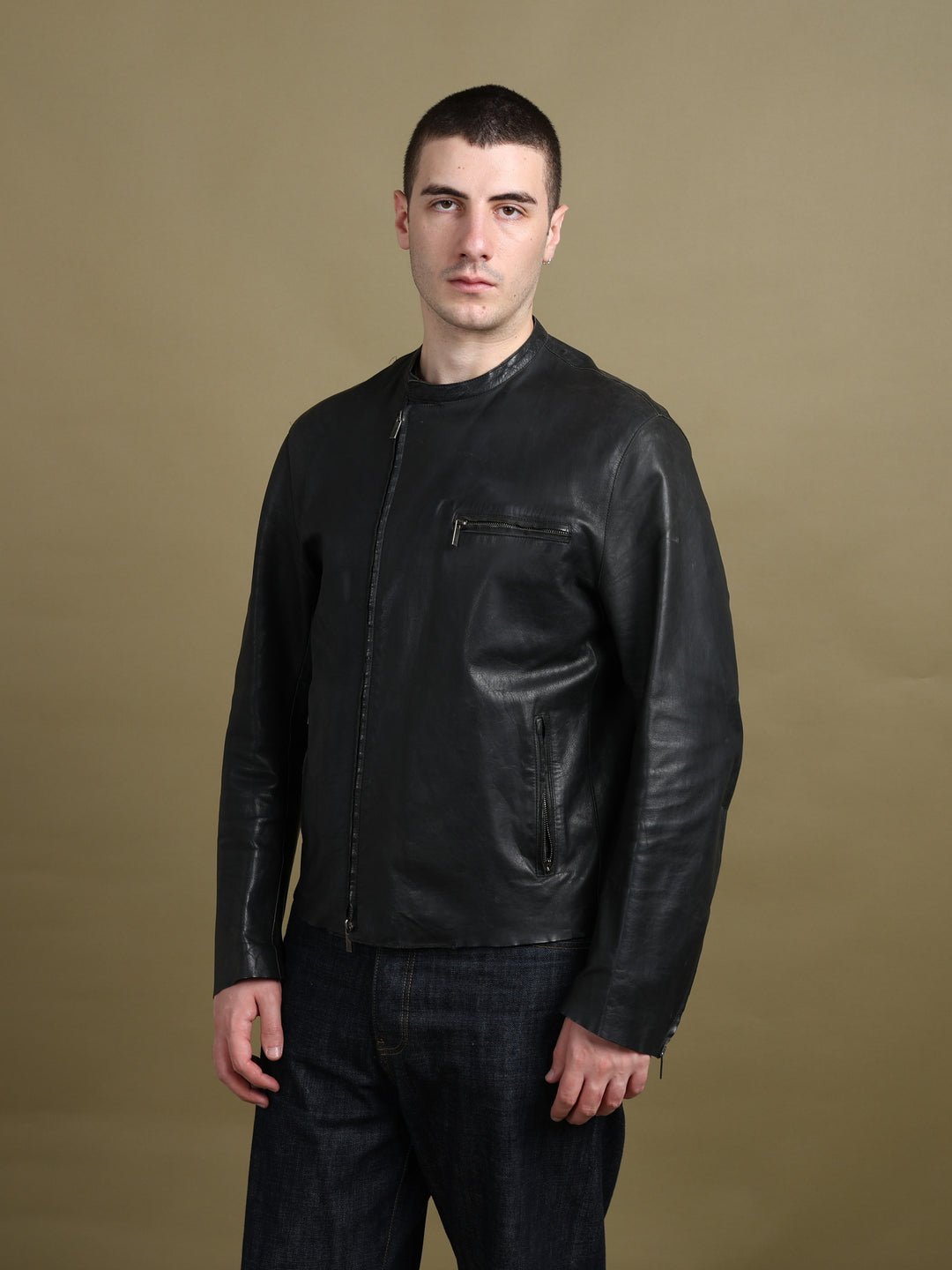 Kenzo Asymmetric Zip Leather Jacket Black Men's L - fabric detail
