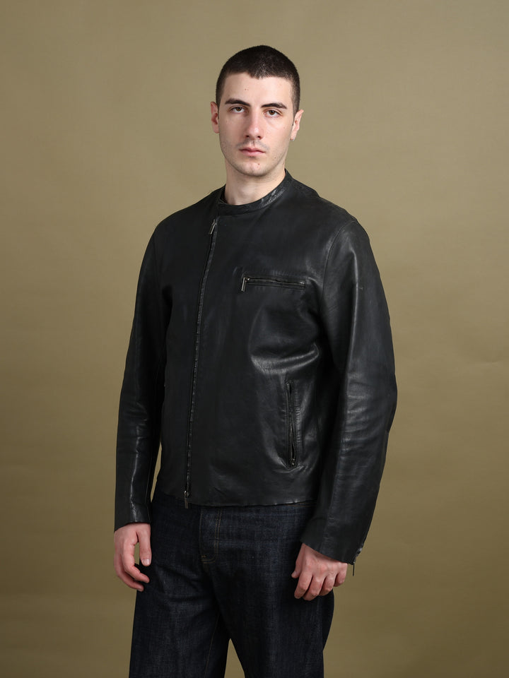 Kenzo Asymmetric Zip Leather Jacket Black Men's L - fabric detail