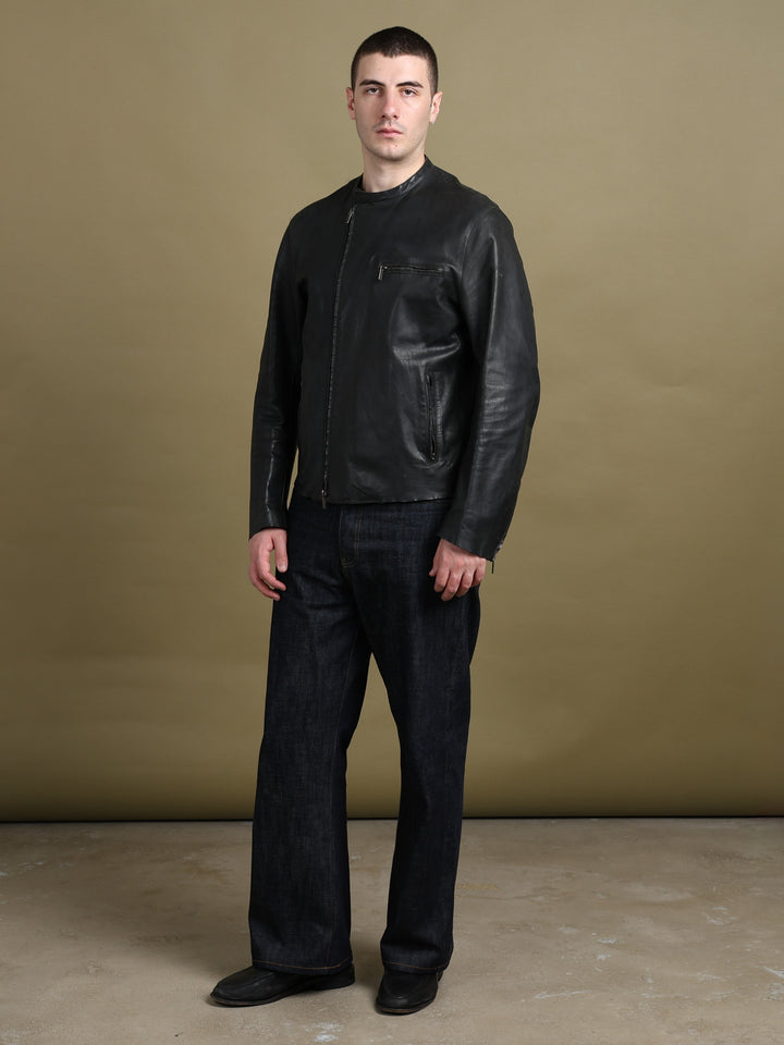 Kenzo Asymmetric Zip Leather Jacket Black Men's L - styled