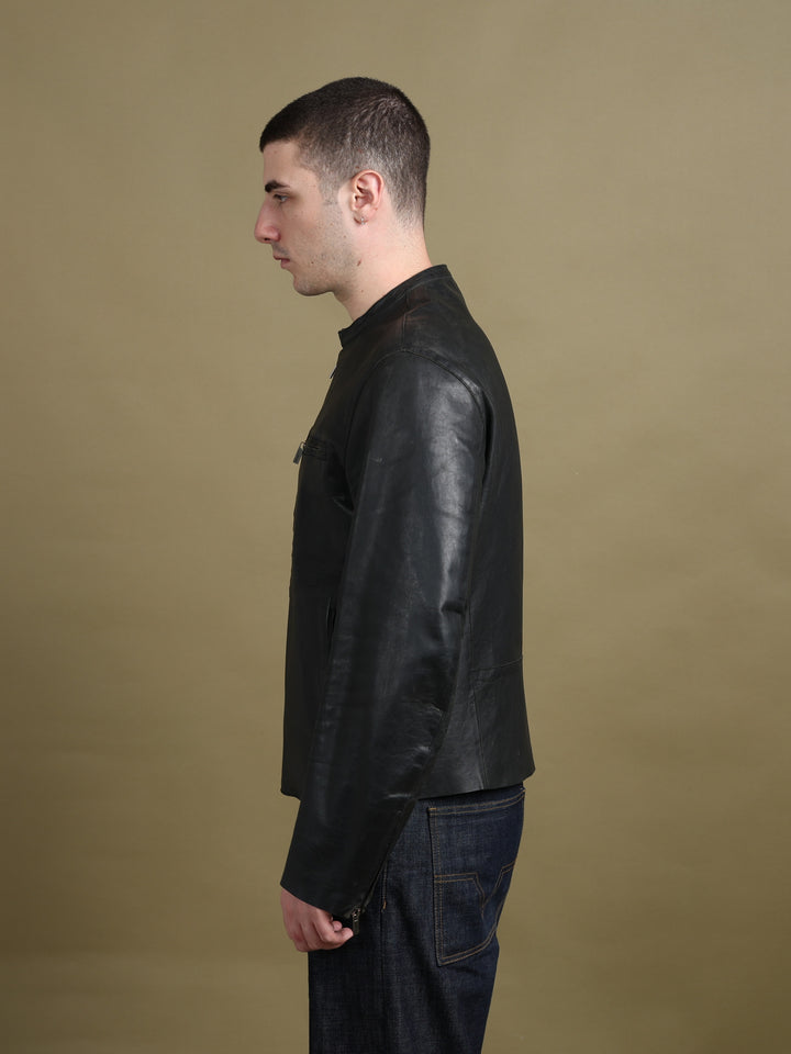 Kenzo Asymmetric Zip Leather Jacket Black Men's L - detail 1