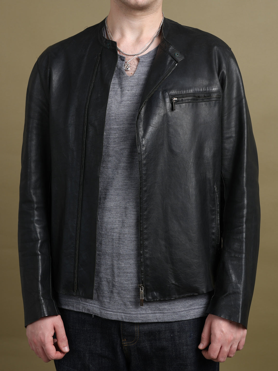 Kenzo Asymmetric Zip Leather Jacket Black Men's L - detail 4