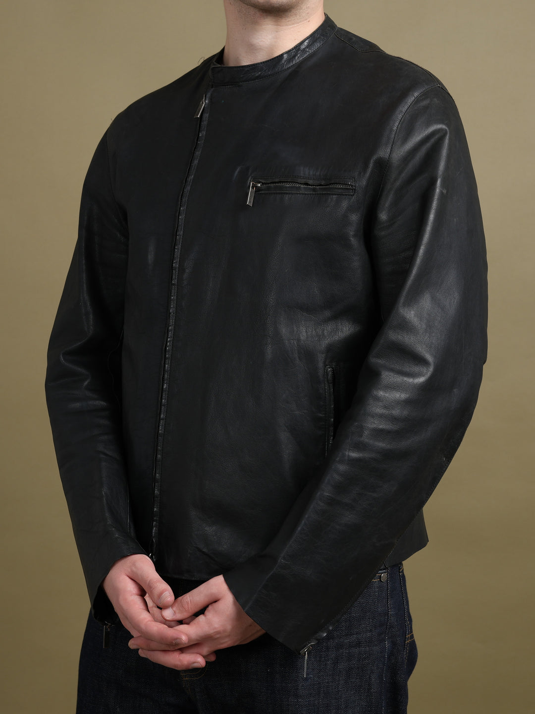 Kenzo Asymmetric Zip Leather Jacket Black Men's L - detail 5