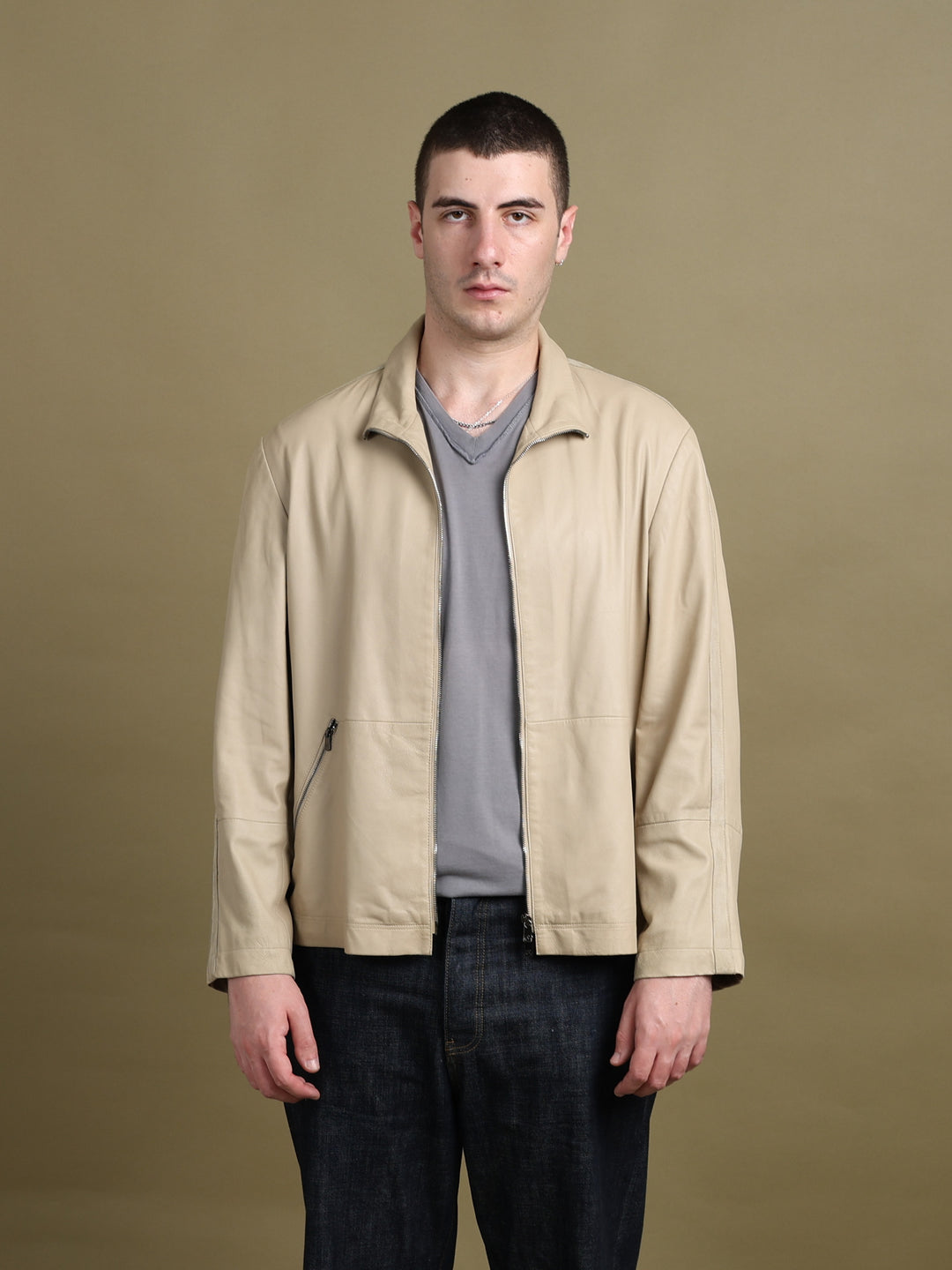 Armani Collezioni Leather Biker Jacket Beige Men's XL - front
