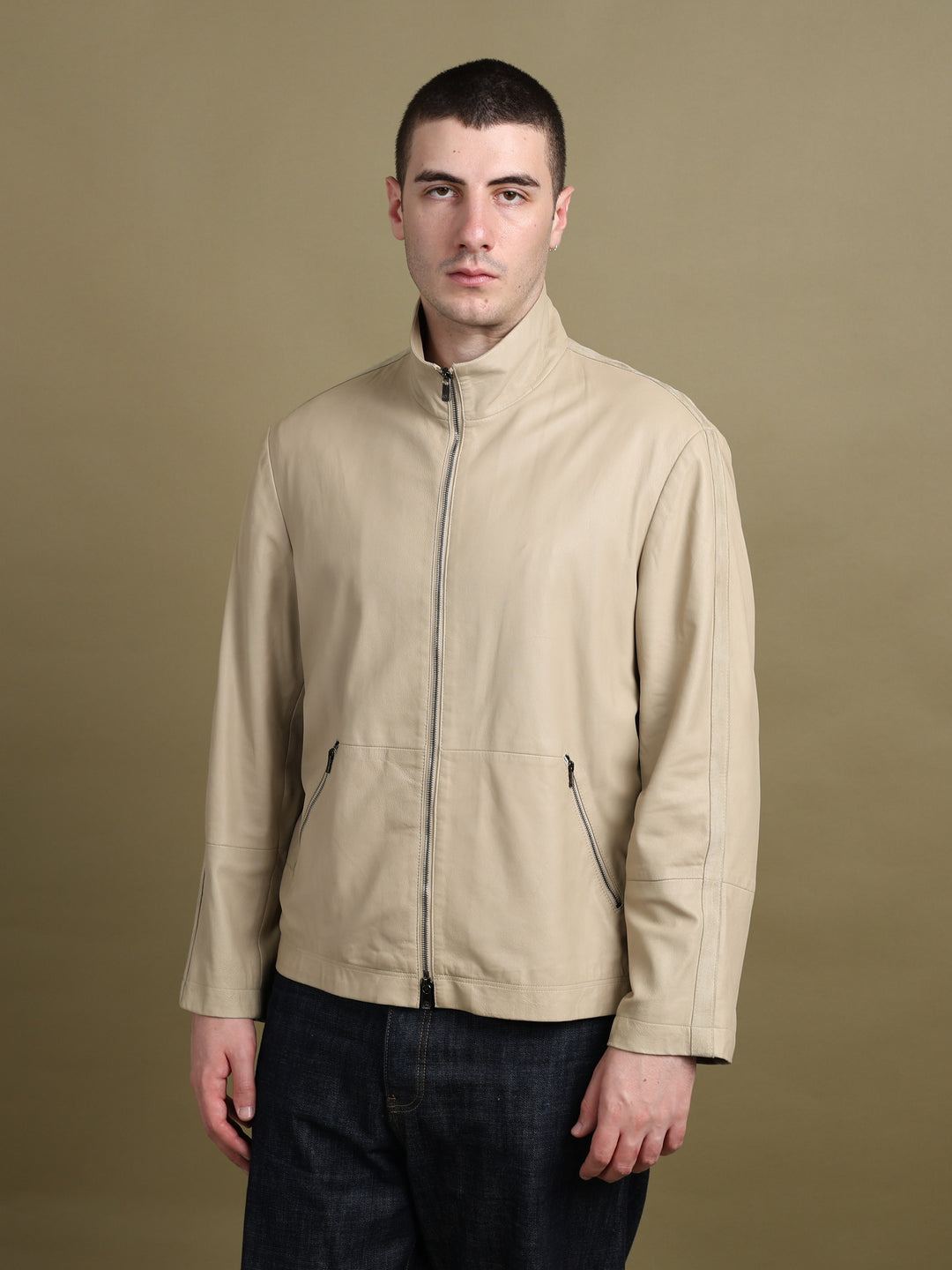 Armani Collezioni Leather Biker Jacket Beige Men's XL - back