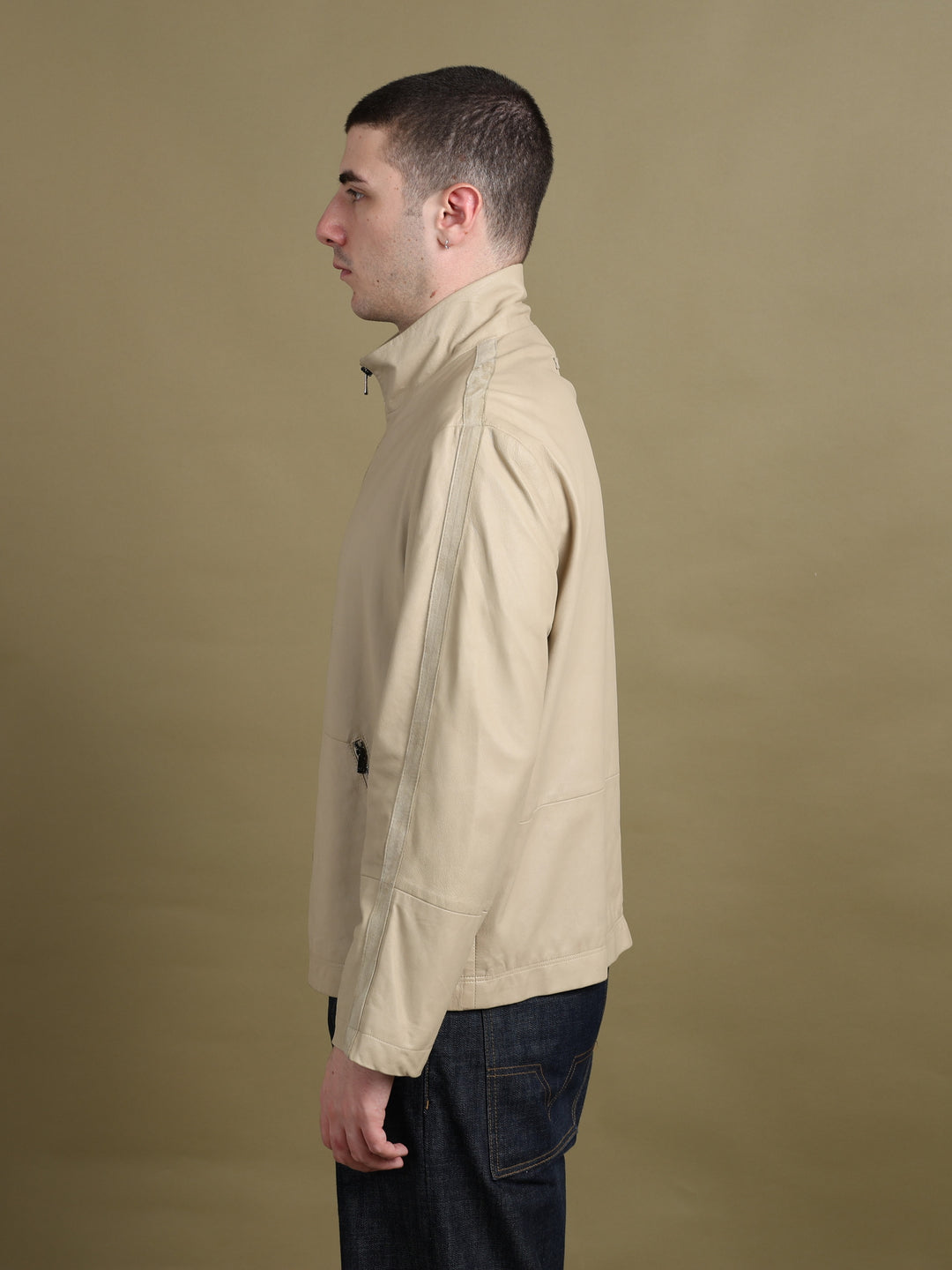 Armani Collezioni Leather Biker Jacket Beige Men's XL - styled