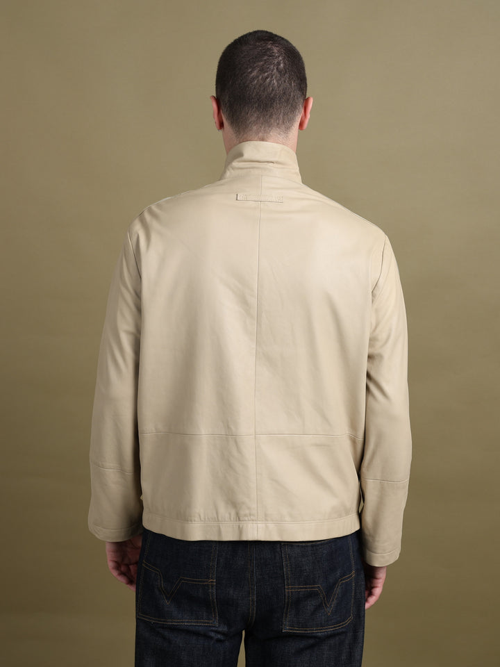 Armani Collezioni Leather Biker Jacket Beige Men's XL - detail 1