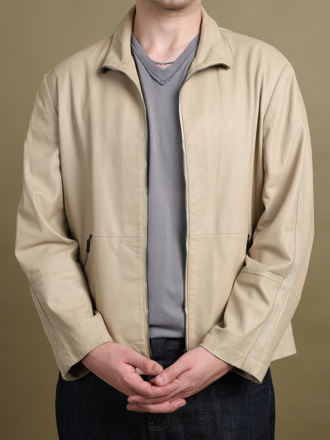 Armani Collezioni Leather Biker Jacket Beige Men's XL - detail 3