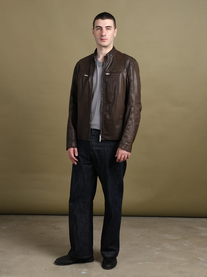 Armani Collezioni Leather Bomber Jacket Brown Men's XL - front