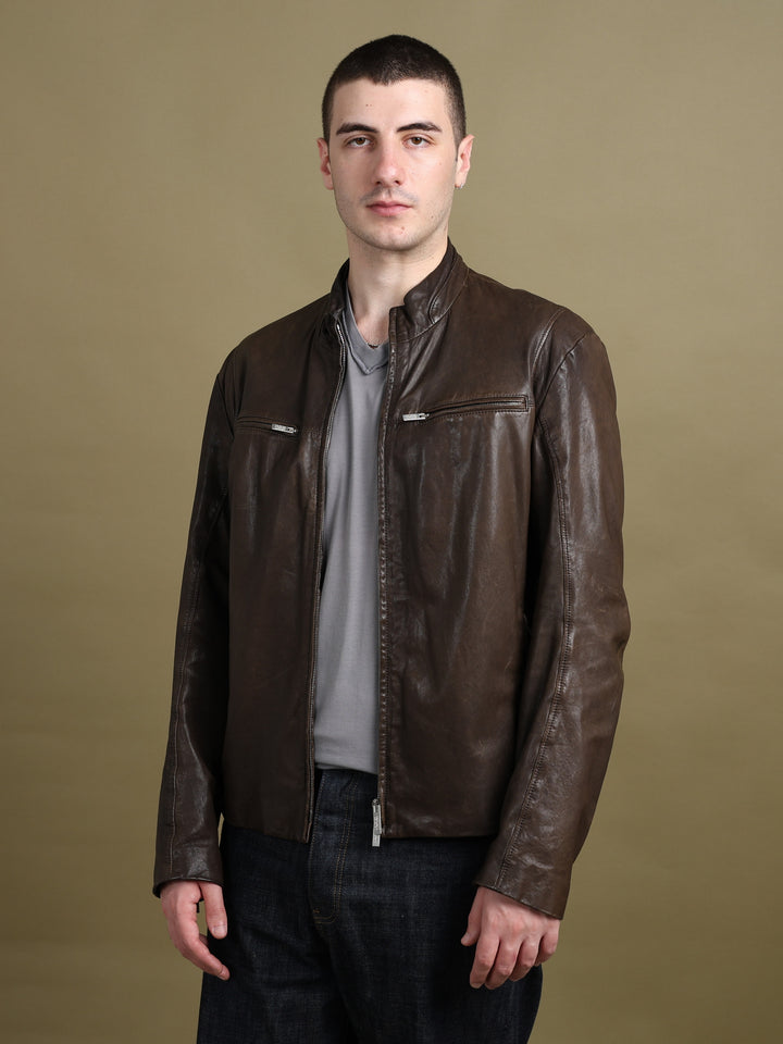 Armani Collezioni Leather Bomber Jacket Brown Men's XL - back