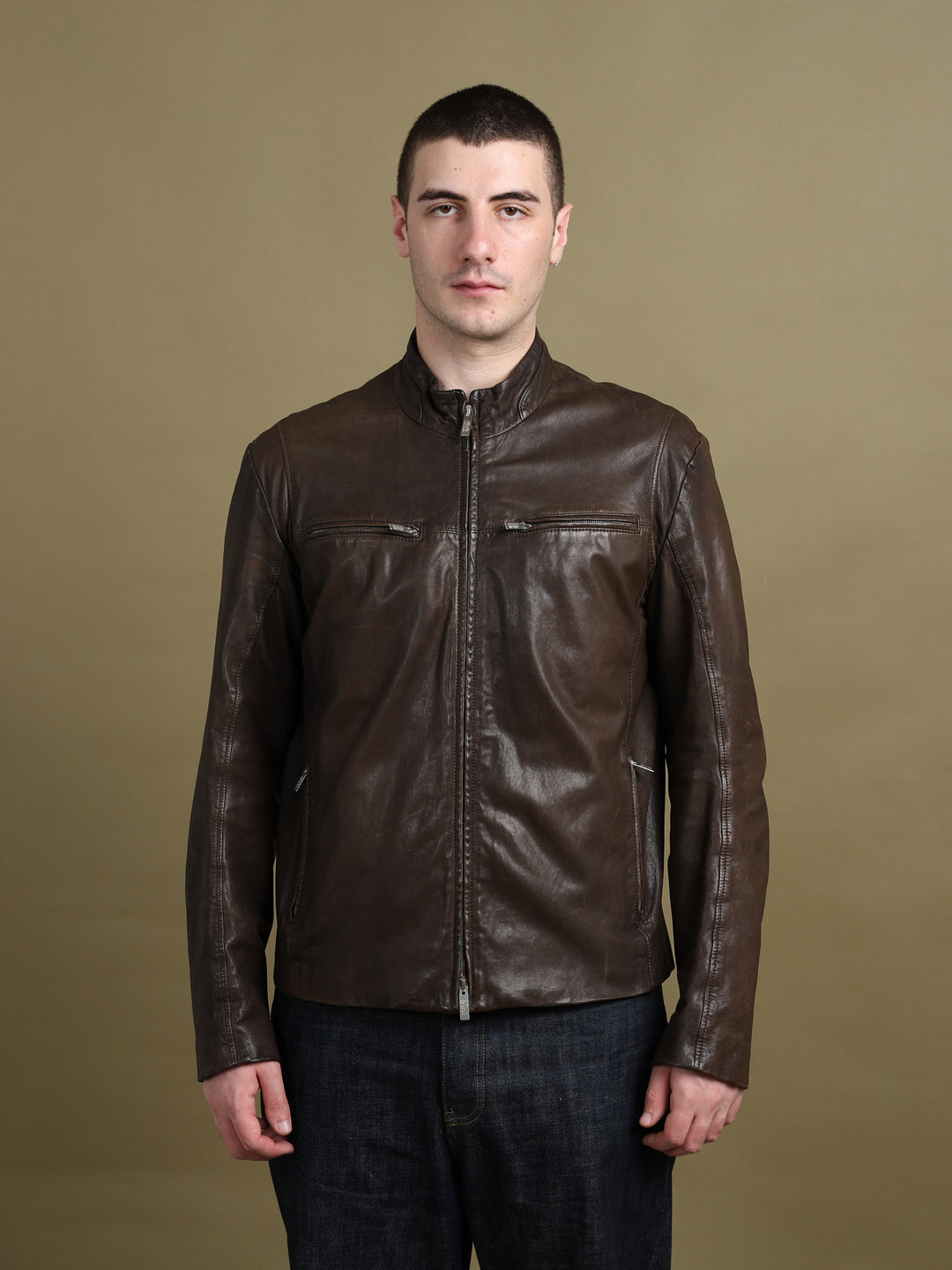 Armani Collezioni Leather Bomber Jacket Brown Men's XL - fabric detail