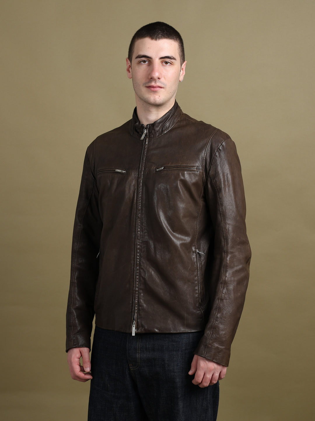 Armani Collezioni Leather Bomber Jacket Brown Men's XL - styled