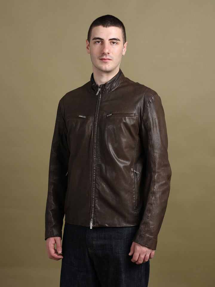 Armani Collezioni Leather Bomber Jacket Brown Men's XL - styled
