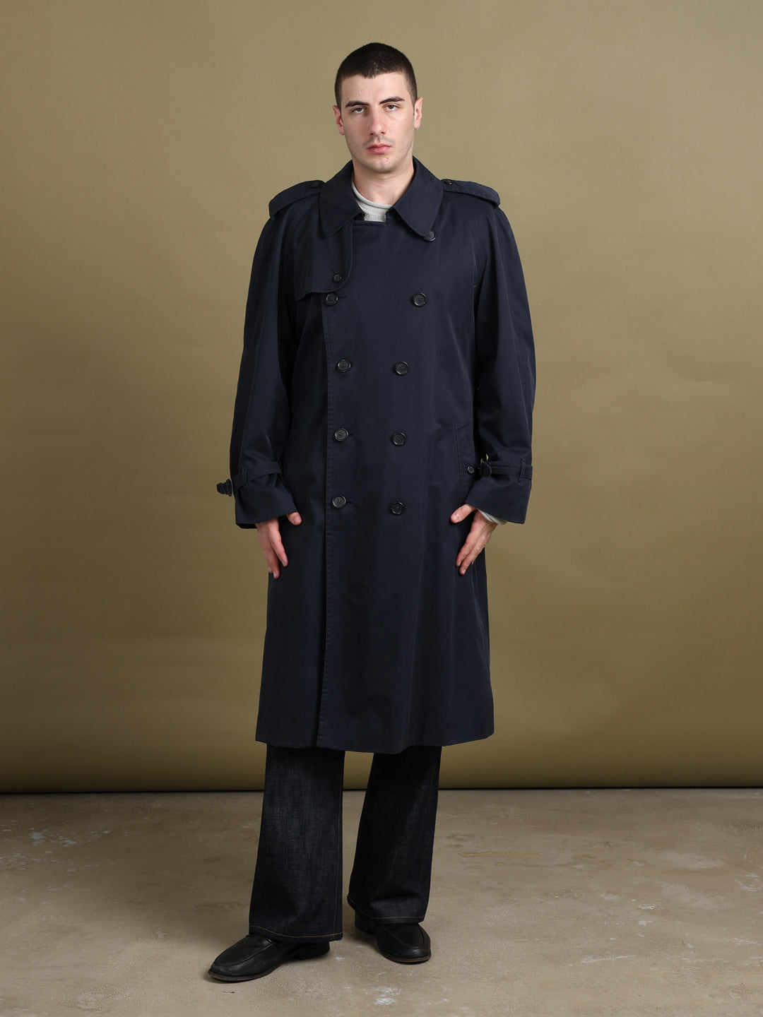 Burberry's Double Breasted Trench Coat Navy Men's XL - fabric detail