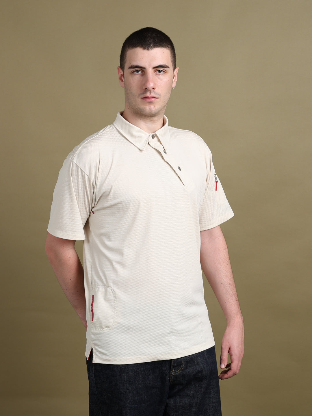 Prada Asymmetric Button Polo Beige Men's L - back