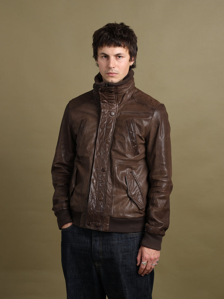Dolce & Gabbana Leather Bomber Jacket Brown Men's M - fabric detail