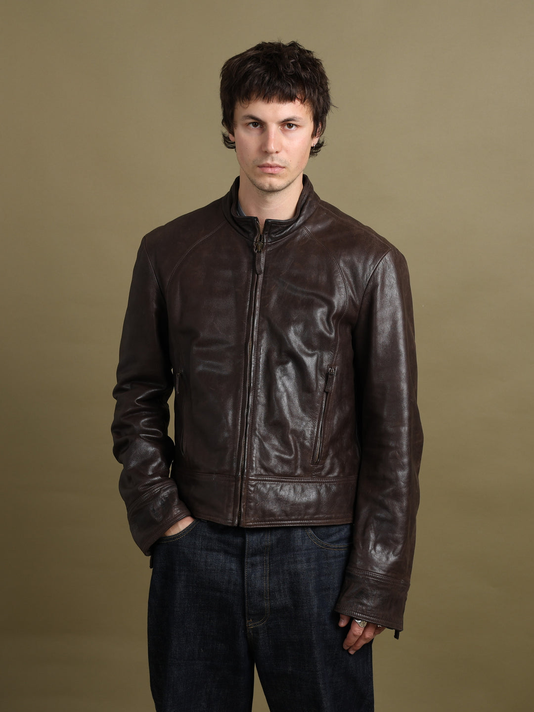 Armani Jeans Leather Bomber Jacket Brown Men's L - front