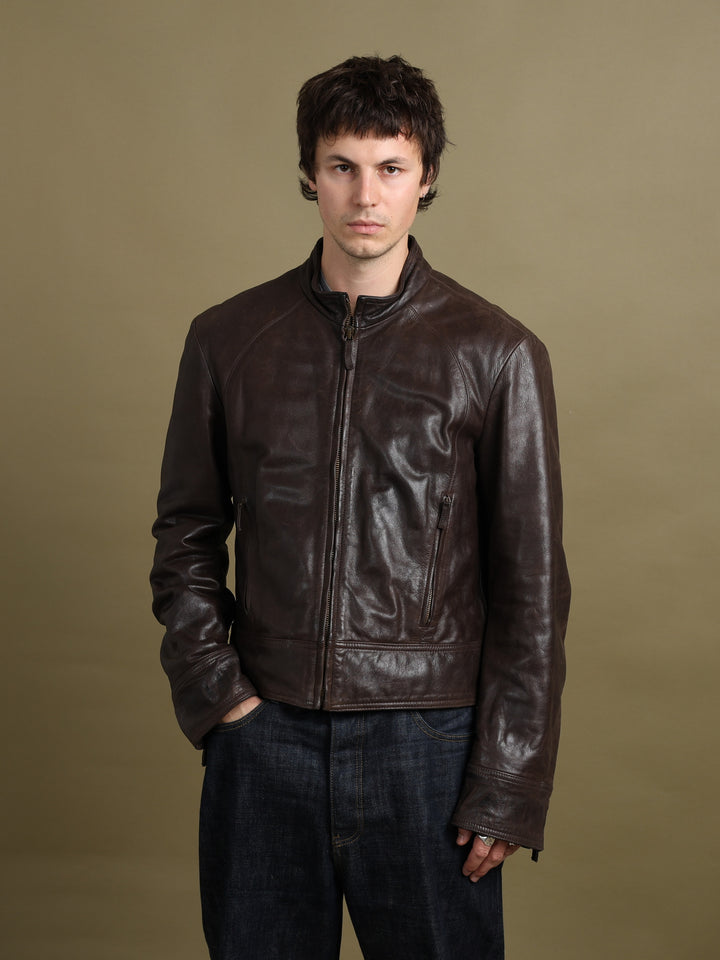 Armani Jeans Leather Bomber Jacket Brown Men's L - front