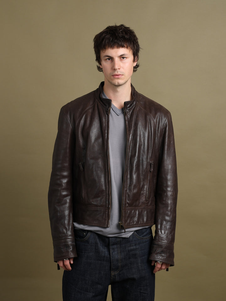 Armani Jeans Leather Bomber Jacket Brown Men's L - back