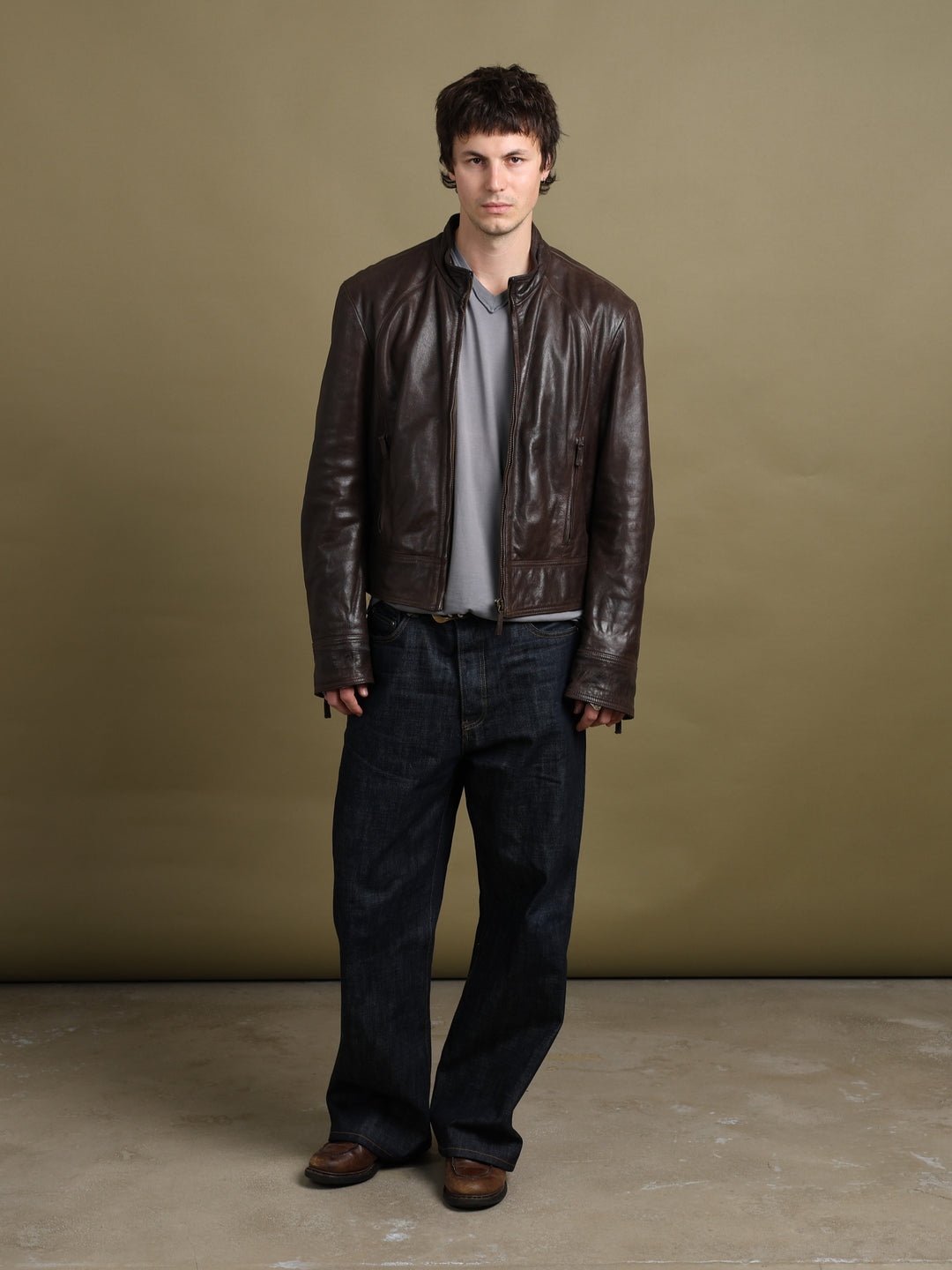 Armani Jeans Leather Bomber Jacket Brown Men's L - fabric detail