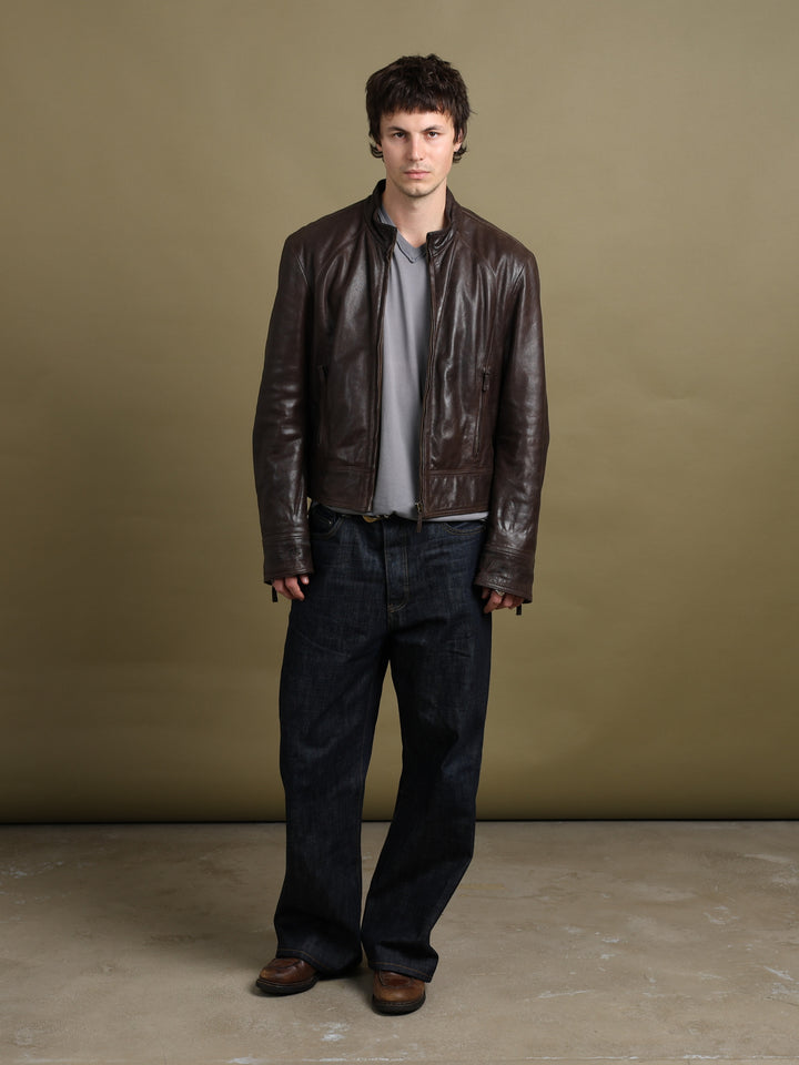 Armani Jeans Leather Bomber Jacket Brown Men's L - fabric detail
